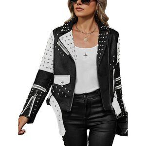 Women Faux Leather Motorcycle Jacket Black White Stand Collar with Pockets Coat